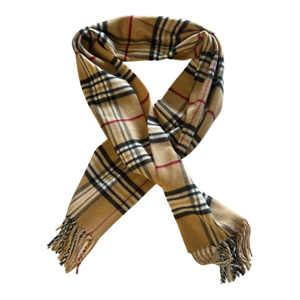 Cashmink by V Fraas Scarf Tan Black Plaid Scarf Fringe Soft Unisex 54” x 11”